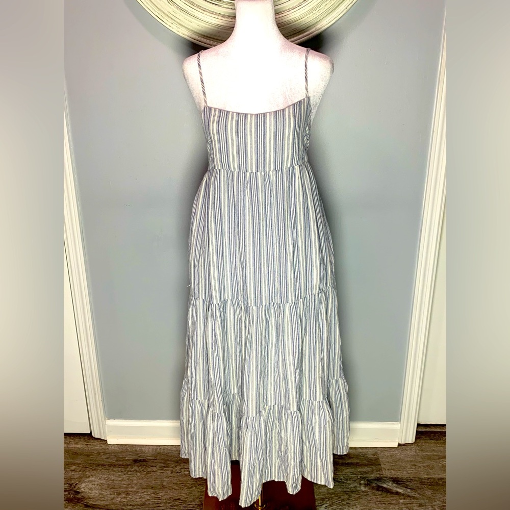Women’s Mustard Seed Tied Back Dress Blue White Stripe Tiered Size Small